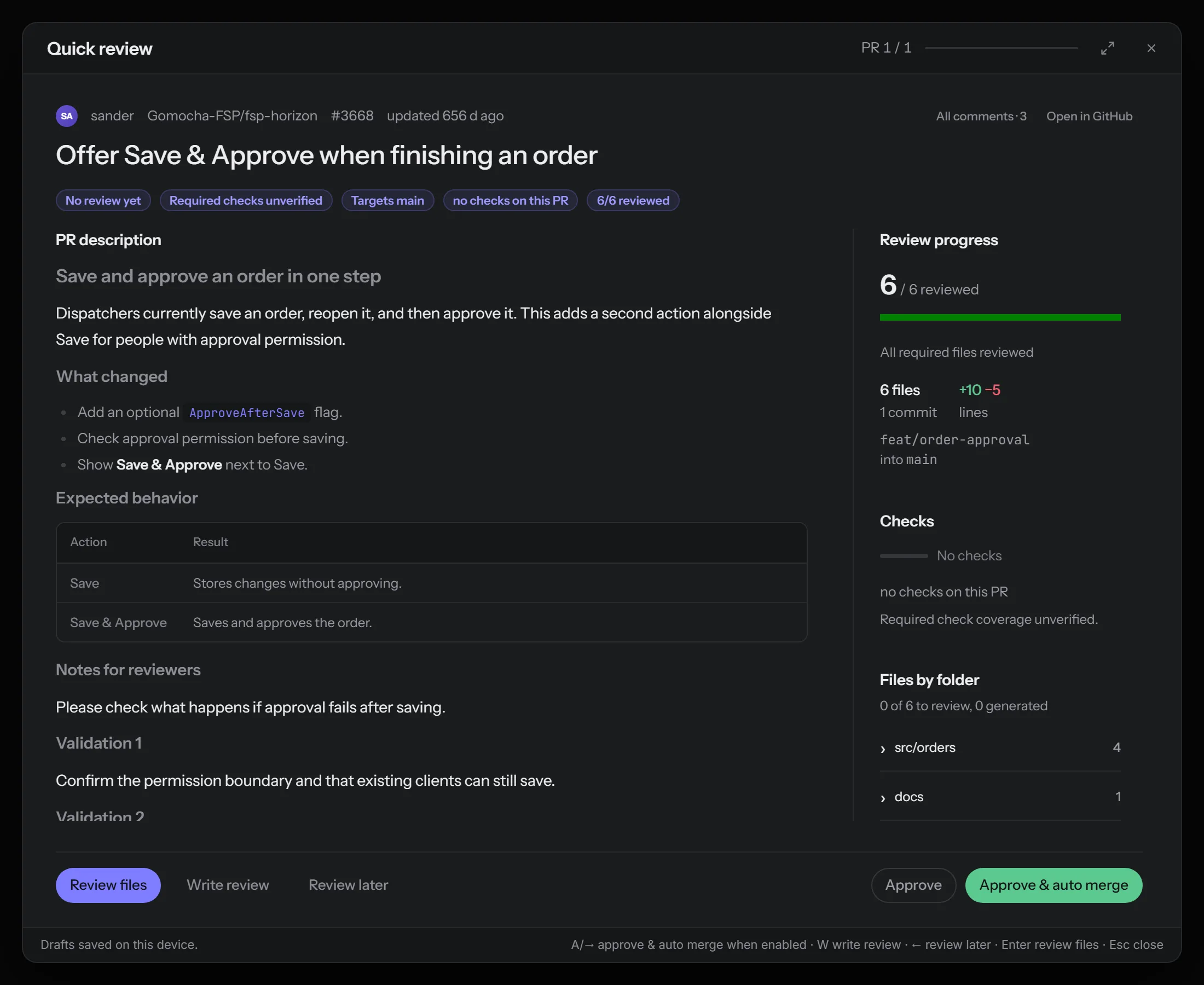 Quick Review with Approve and Approve & auto merge