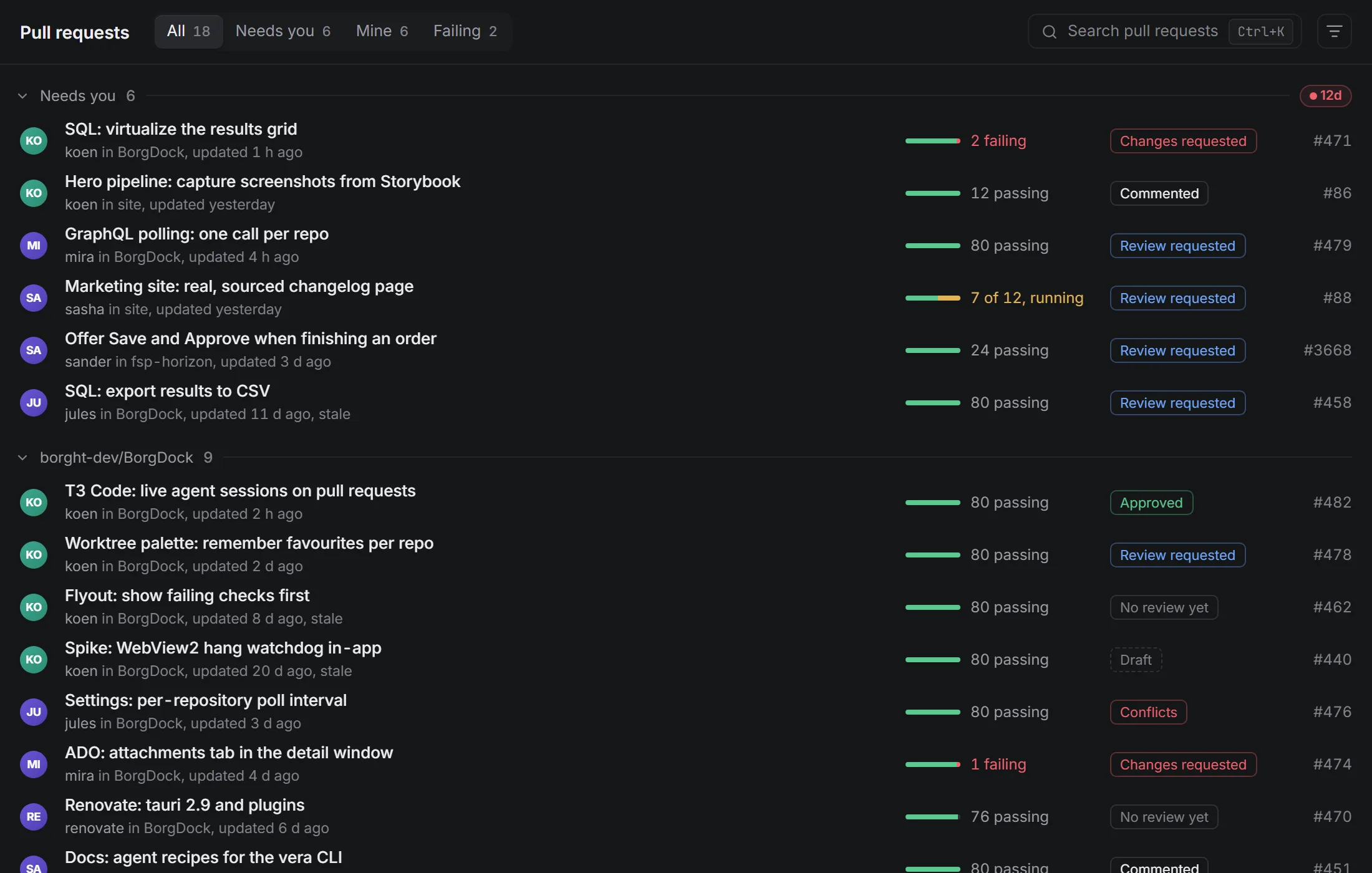 The pull request list in the new graphite look