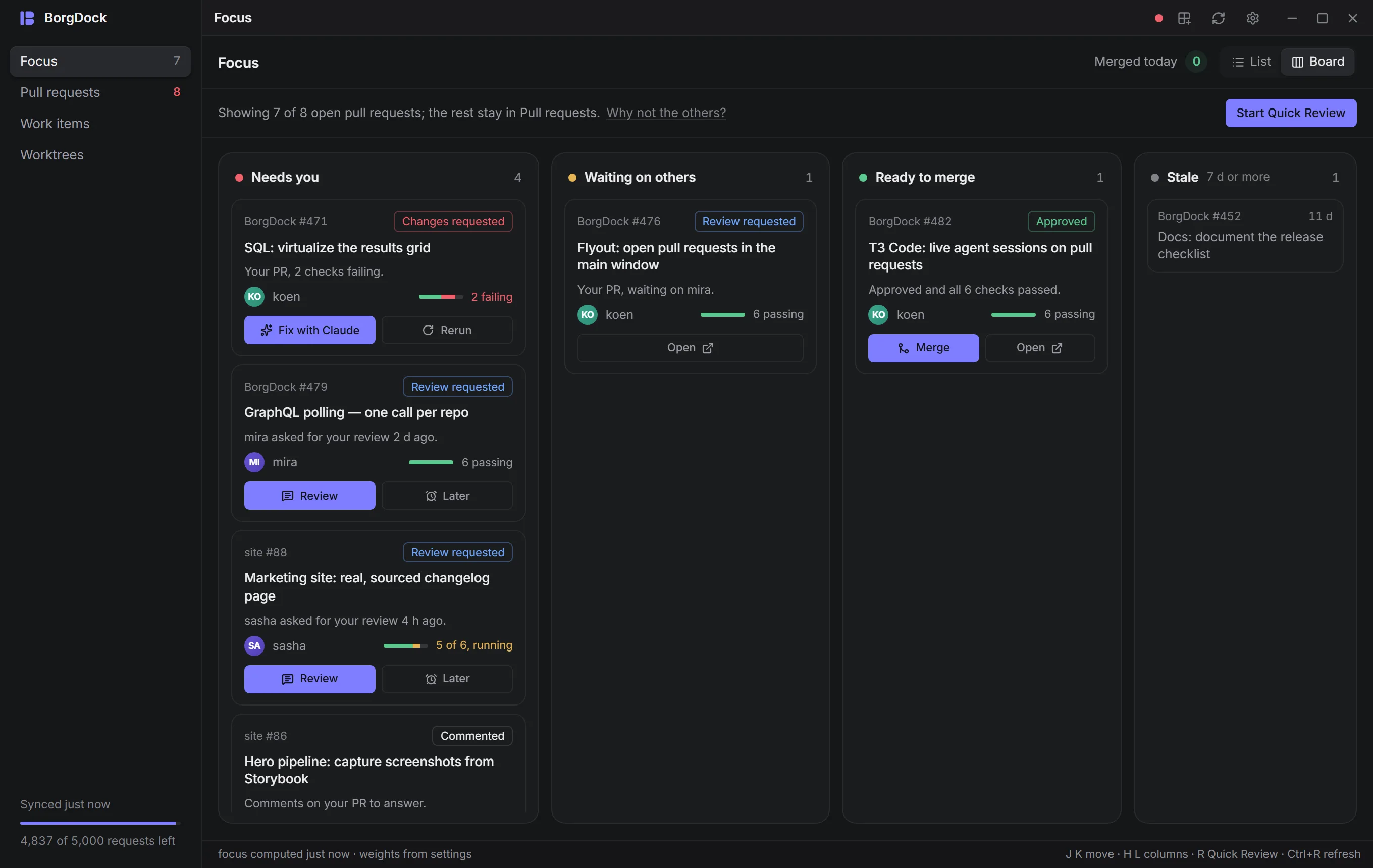 The status bar showing the keys for the pull request list