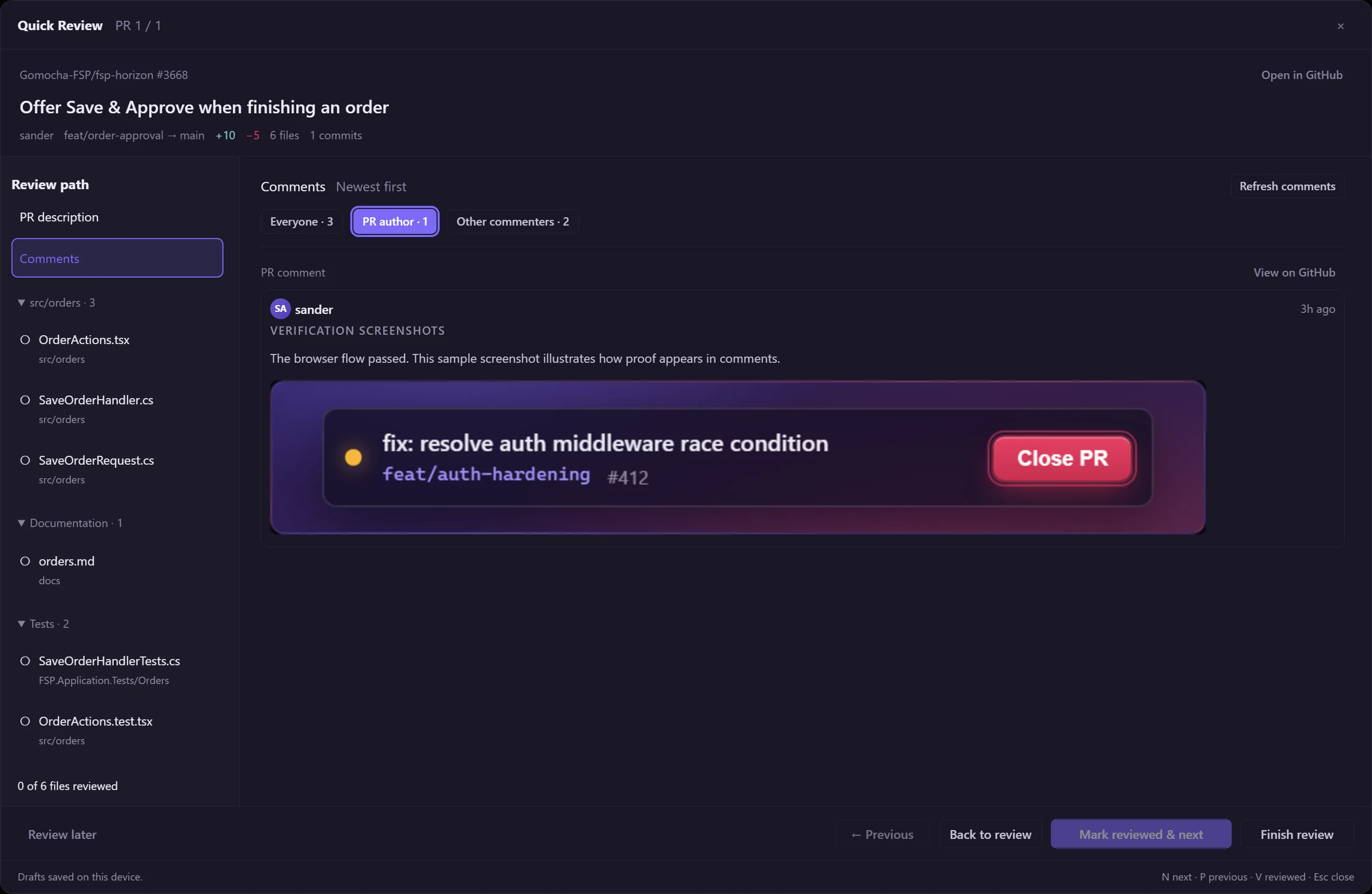 Screenshot comments in Quick Review