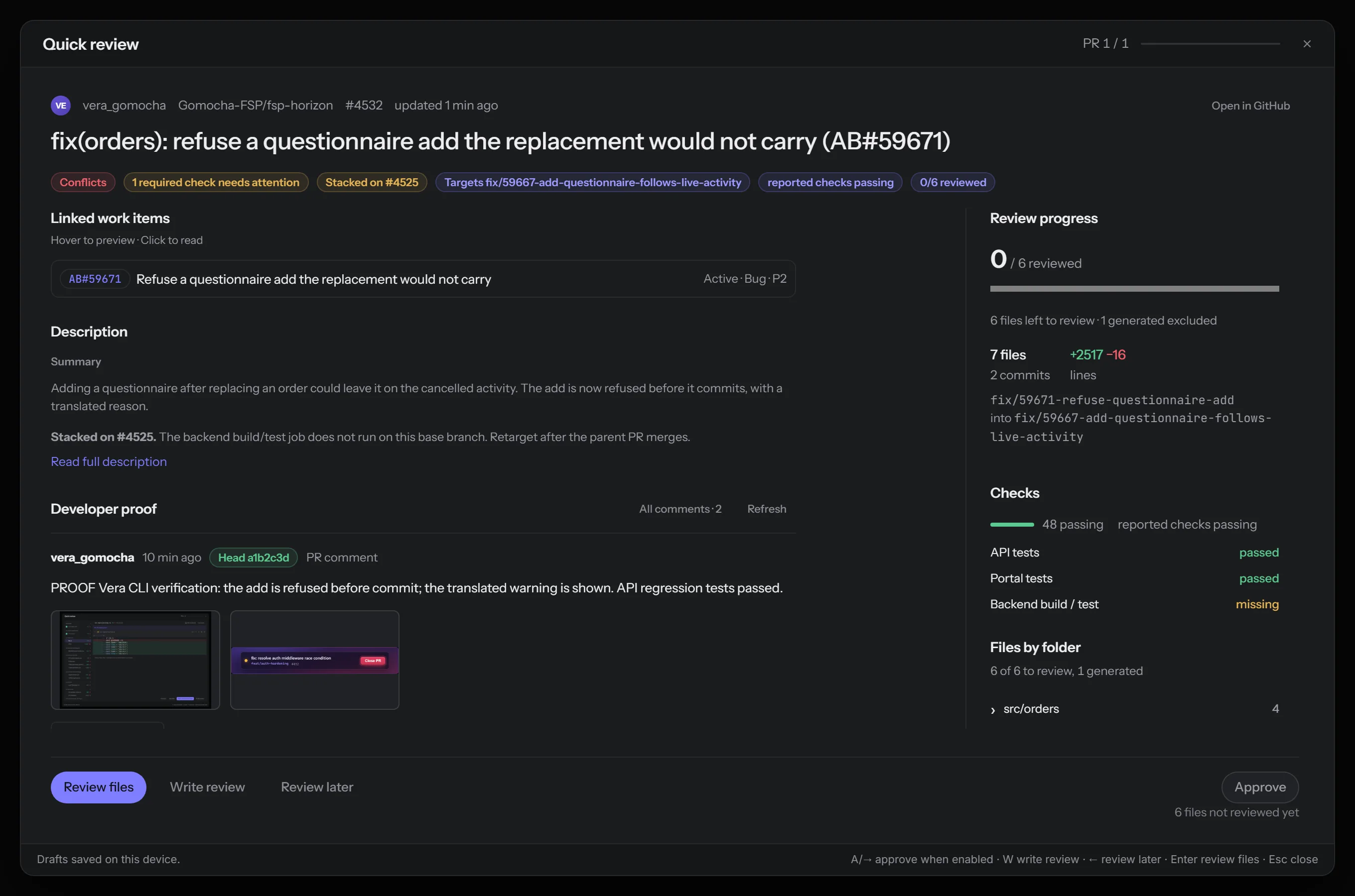 Quick Review with developer proof, linked work items and review progress