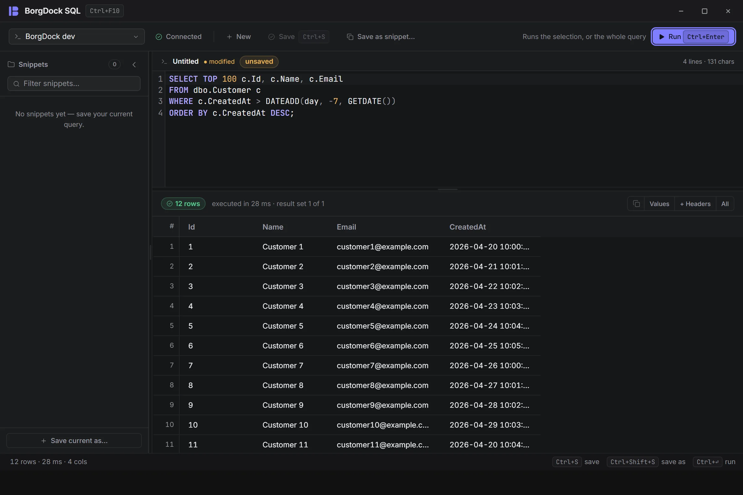 The SQL window in the new style