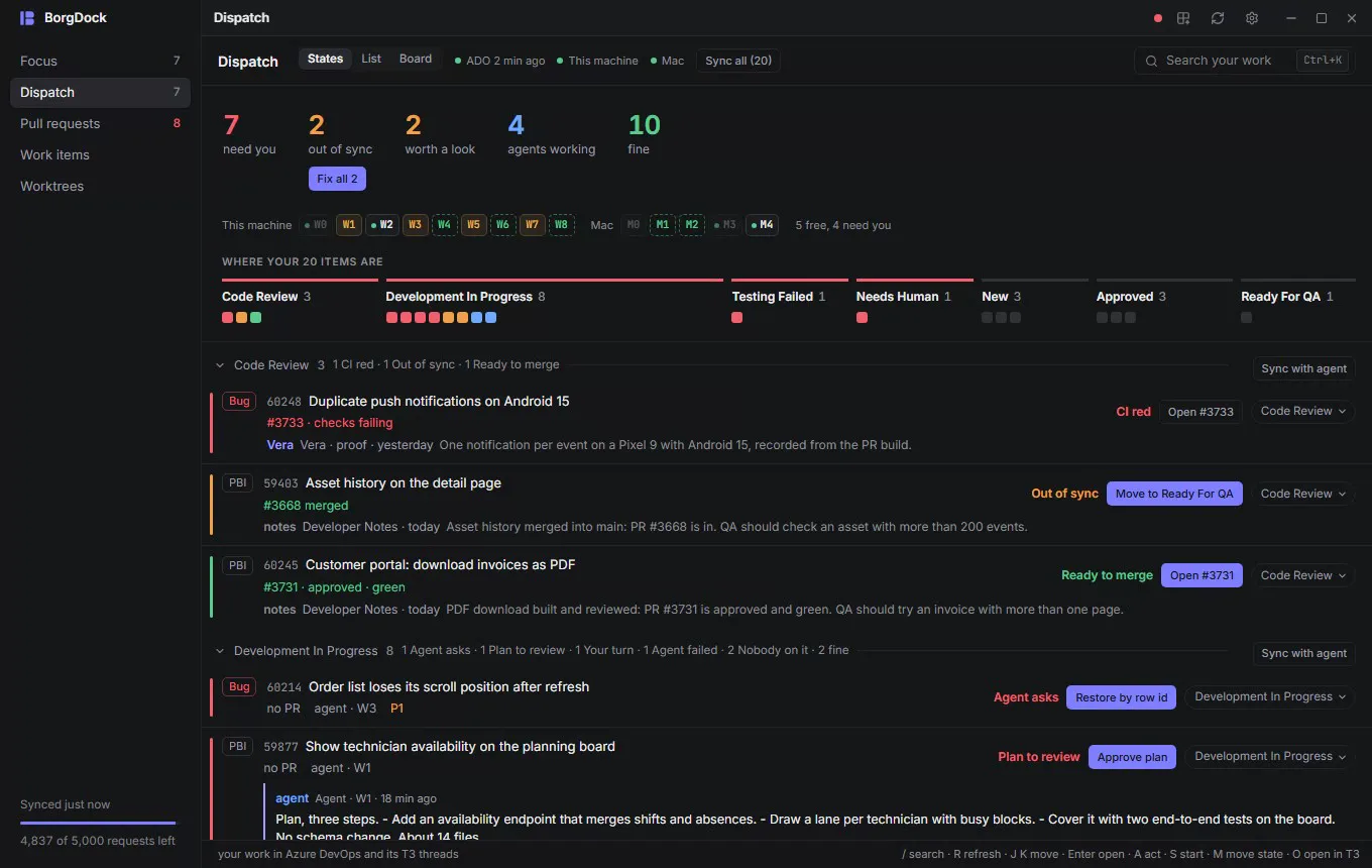 Moving an item with the state menu: every state of its workflow, grouped, and picking Ready For QA opens the sheet for the agent that makes the move