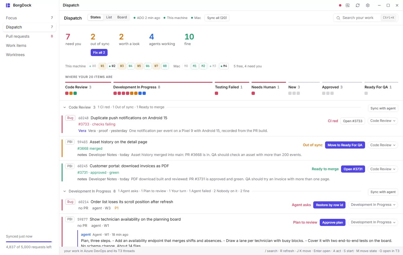 Moving an item with the state menu: every state of its workflow, grouped, and picking Ready For QA opens the sheet for the agent that makes the move