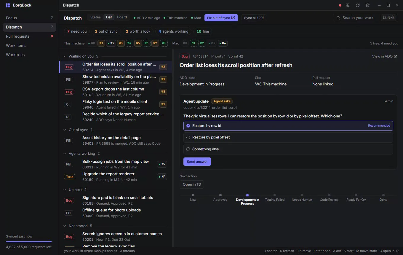 Dispatch as a list with an agent's question beside it; a free slot opens the launch sheet for the next item, with its slot, model, how to begin and the first message