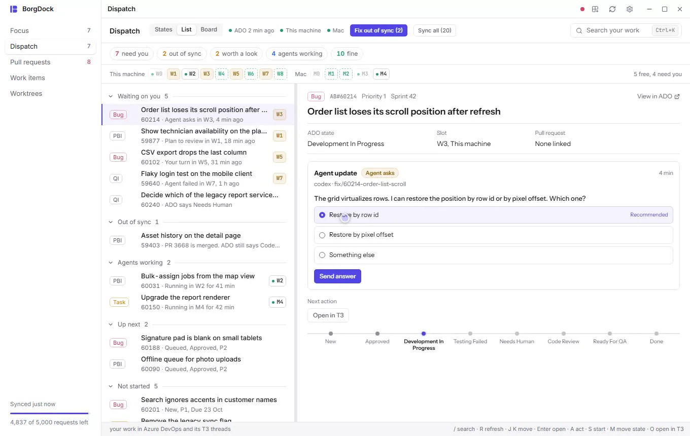 Dispatch as a list with an agent's question beside it; a free slot opens the launch sheet for the next item, with its slot, model, how to begin and the first message