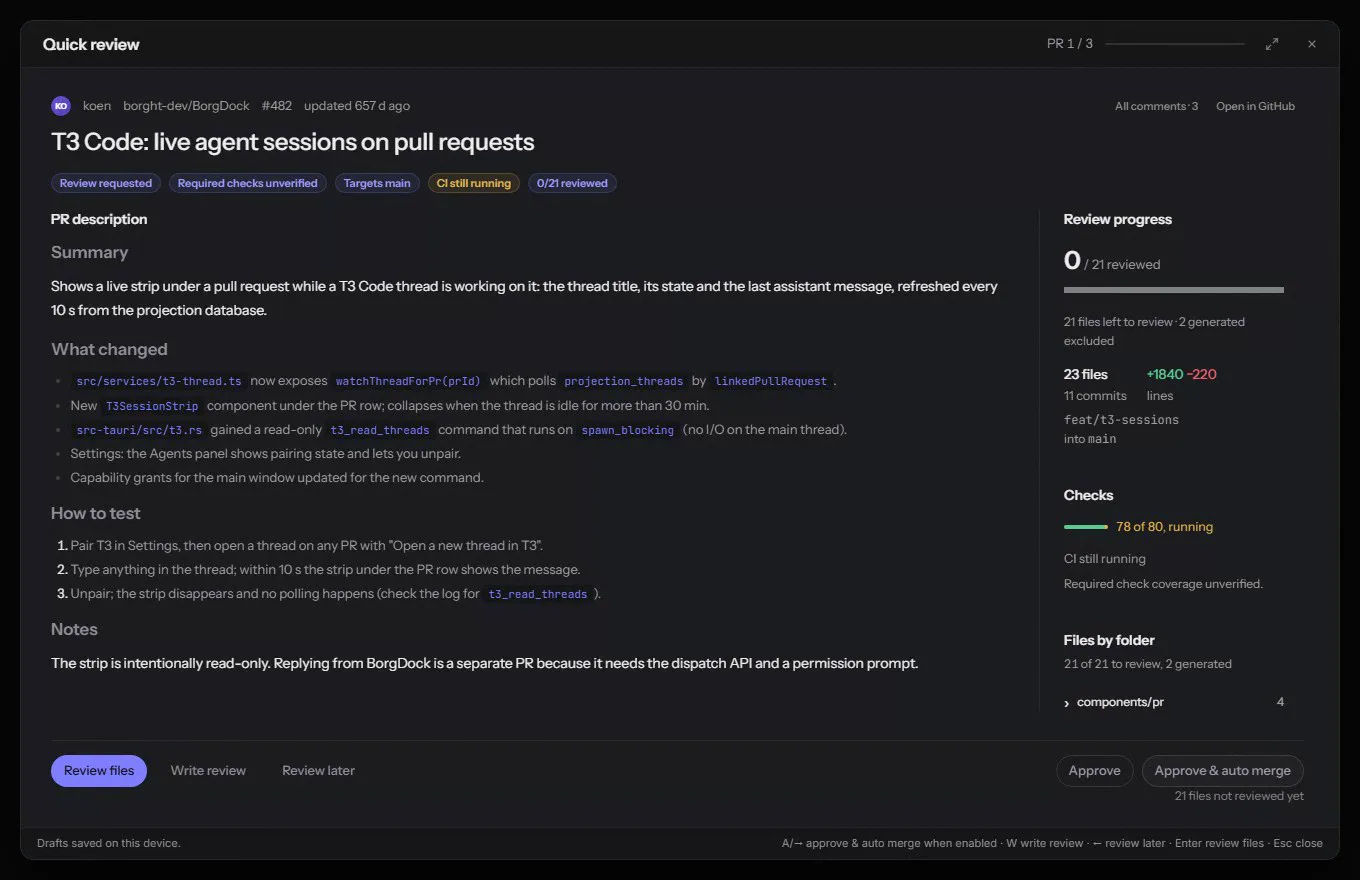 Quick review opens on the next pull request; Review files walks the changes and V marks two files reviewed
