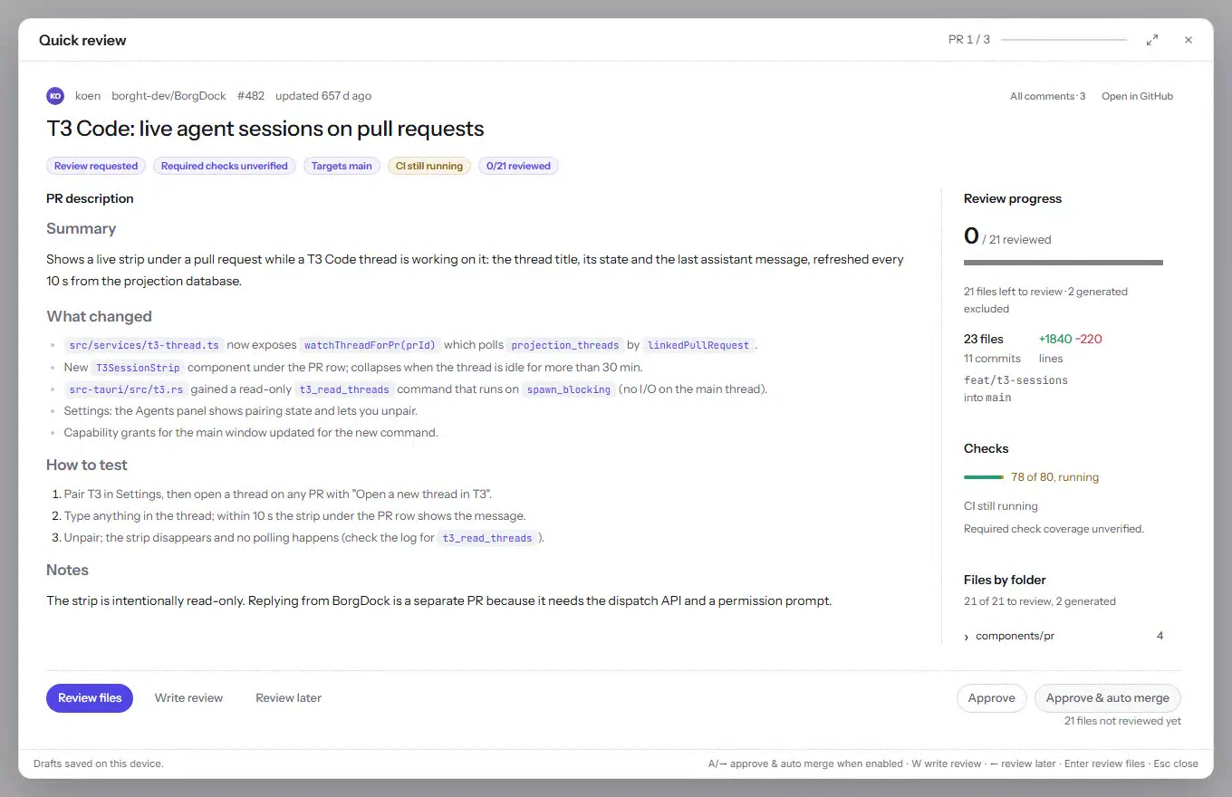 Quick review opens on the next pull request; Review files walks the changes and V marks two files reviewed