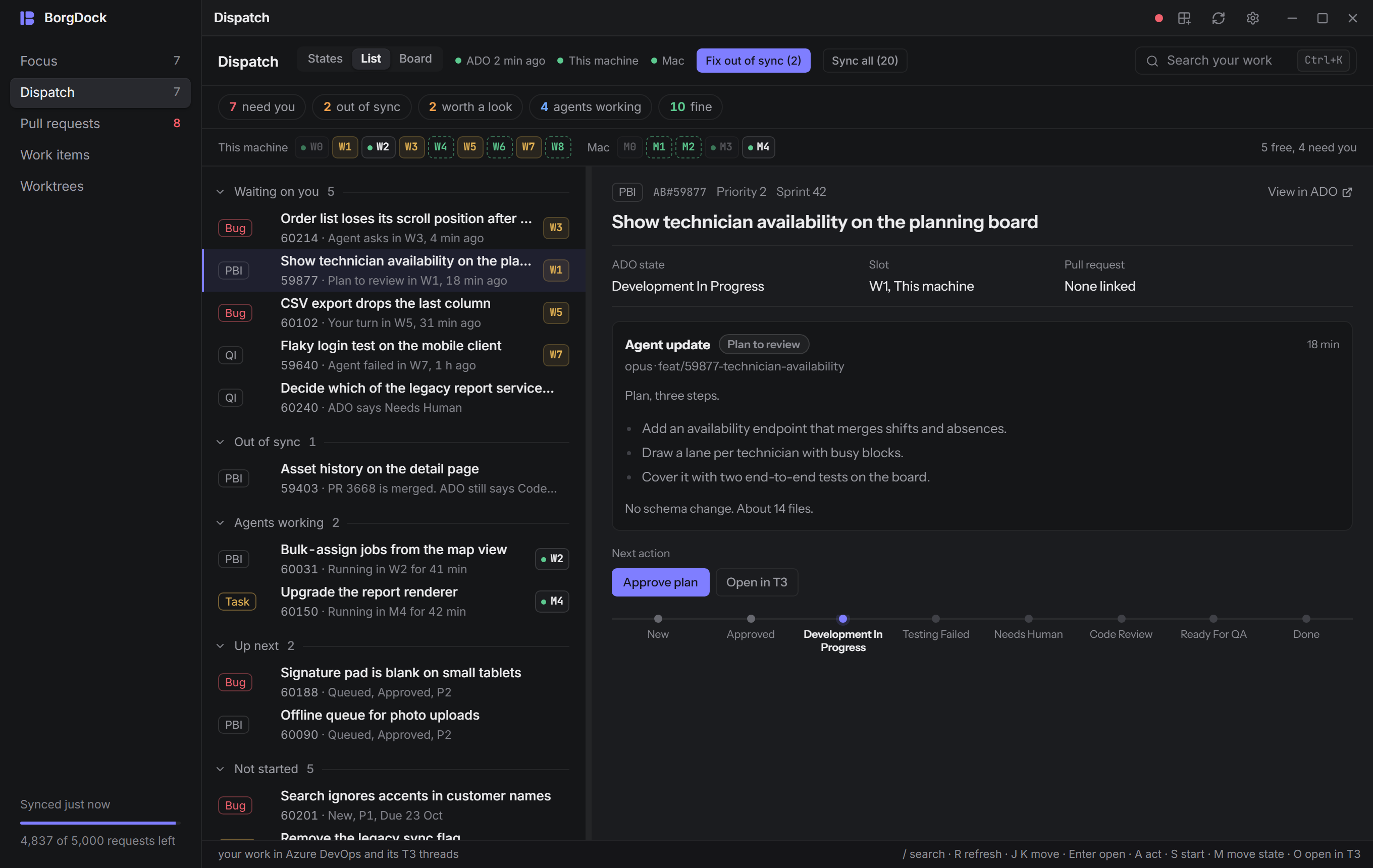 An agent's plan in Dispatch, with Approve plan beside it