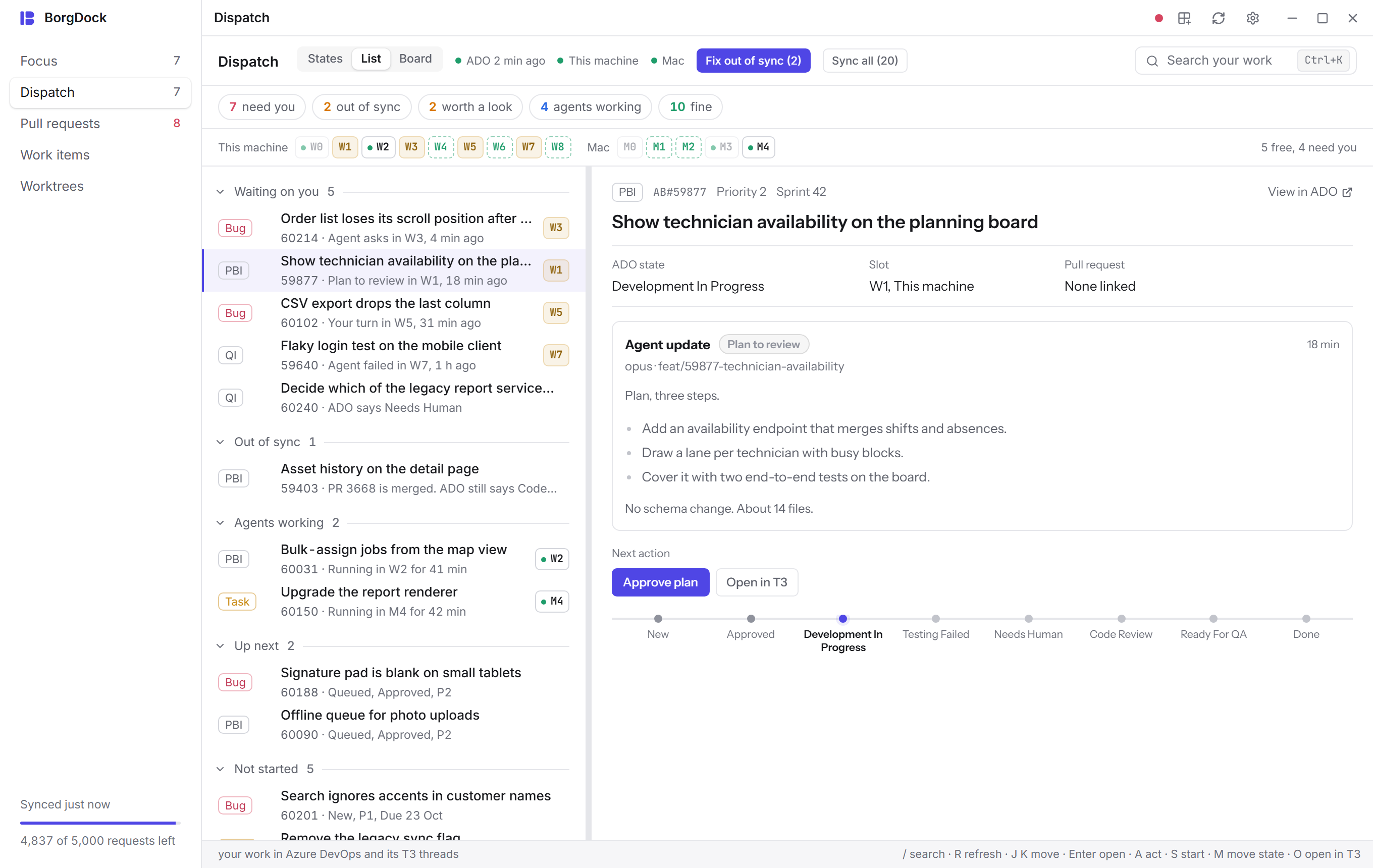 An agent's plan in Dispatch, with Approve plan beside it