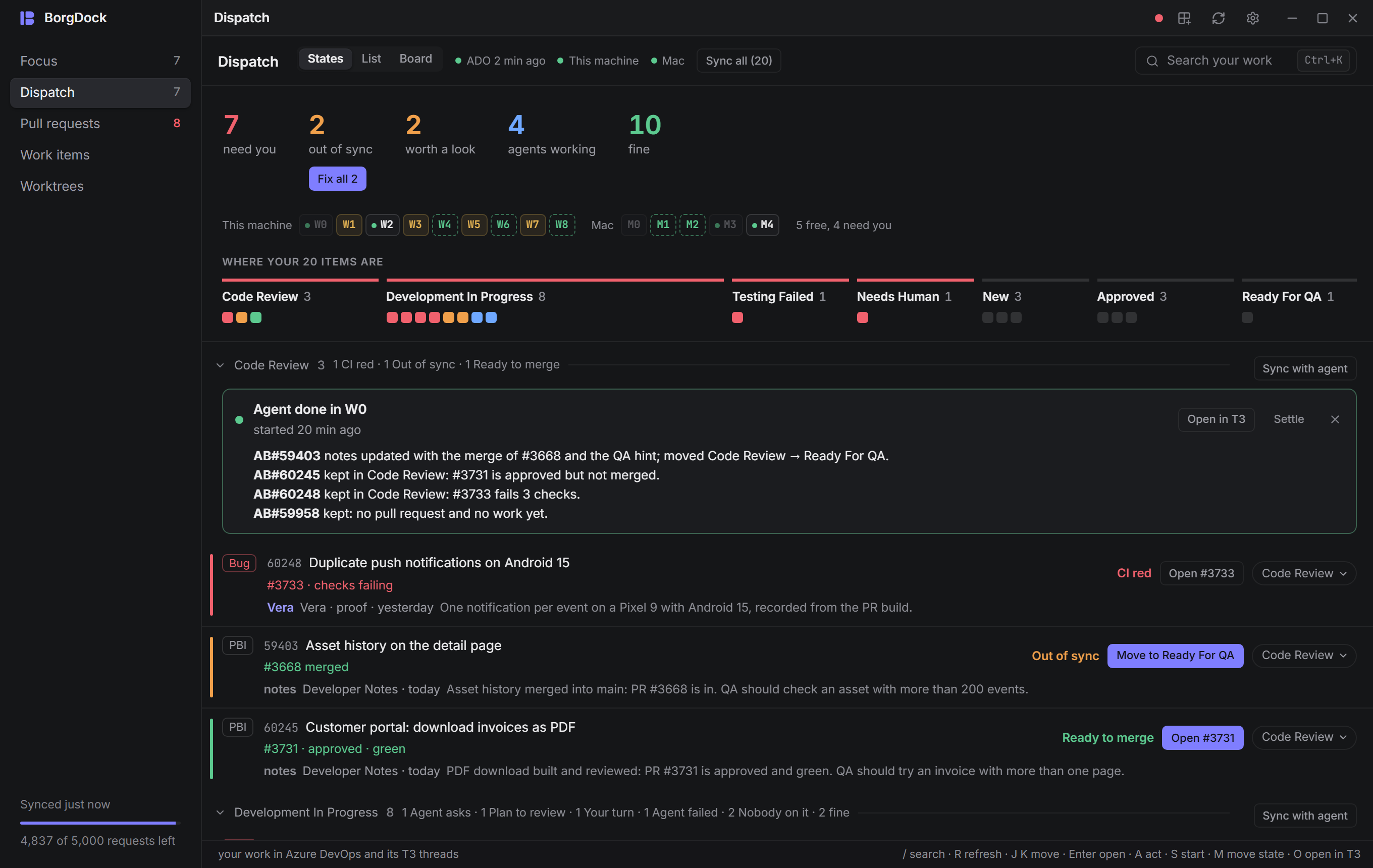 The walk after a sync: the agent's report on each item it moved or kept, with Open in T3 and Settle