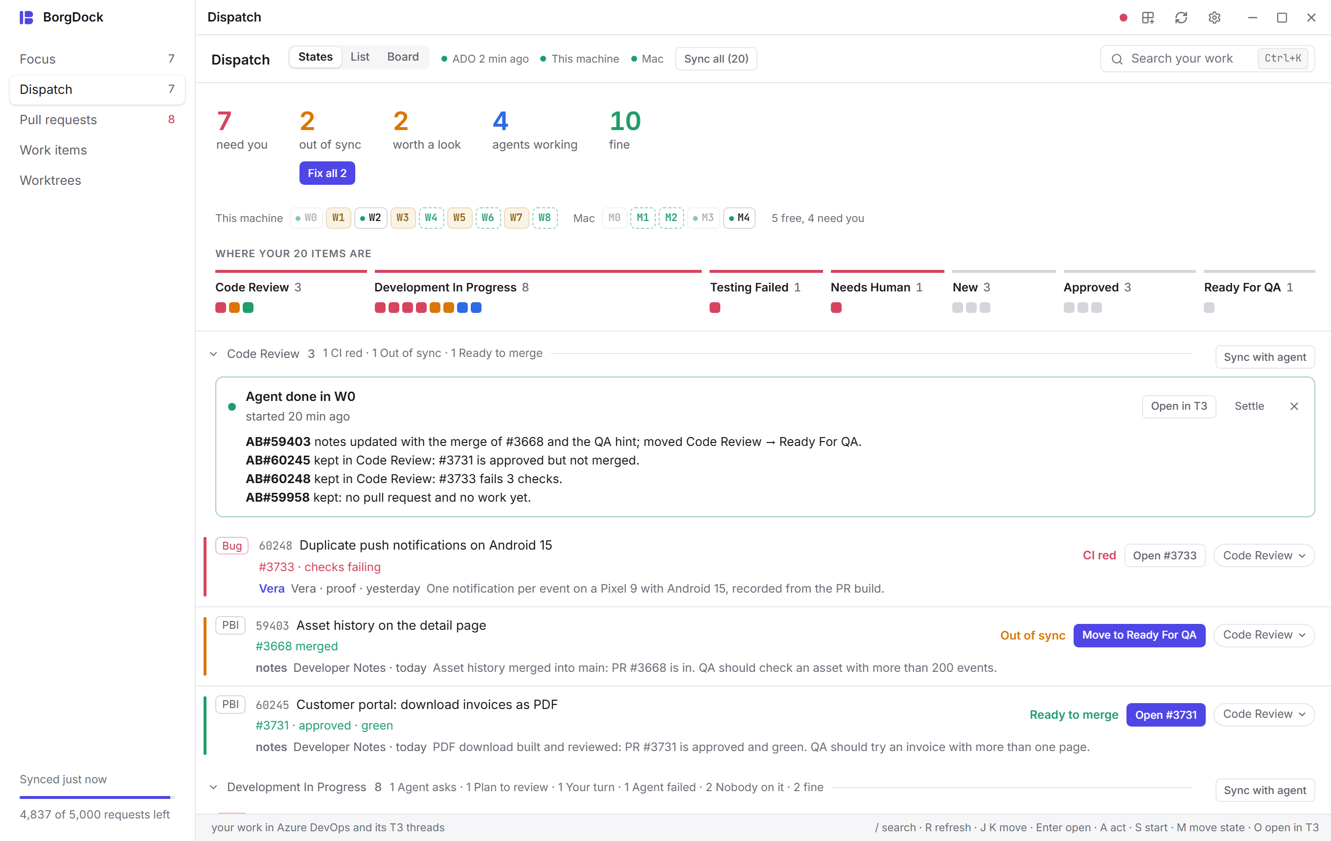 The walk after a sync: the agent's report on each item it moved or kept, with Open in T3 and Settle