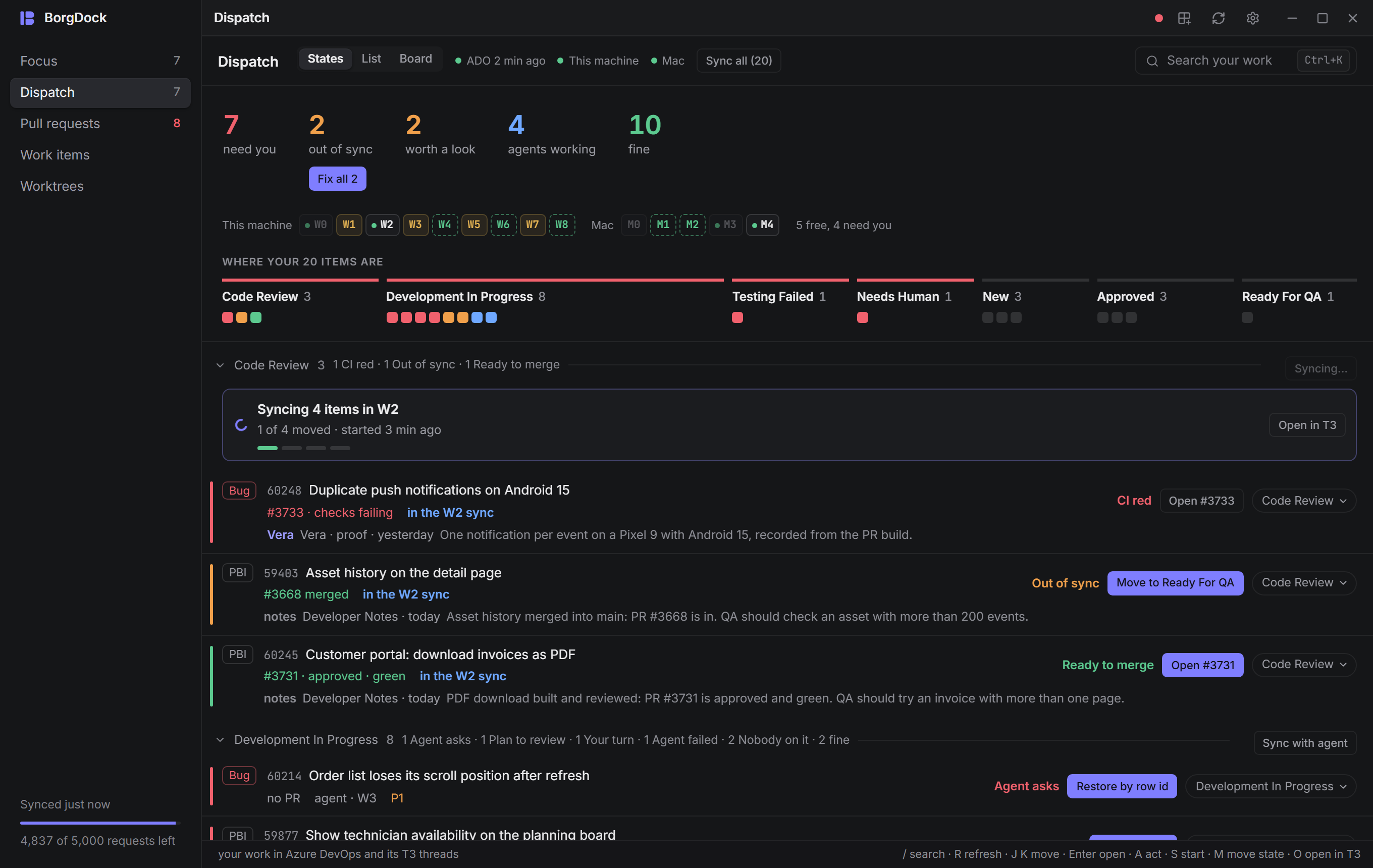 A sync at work in Code Review: the agent, how many items it has moved and a bar per item