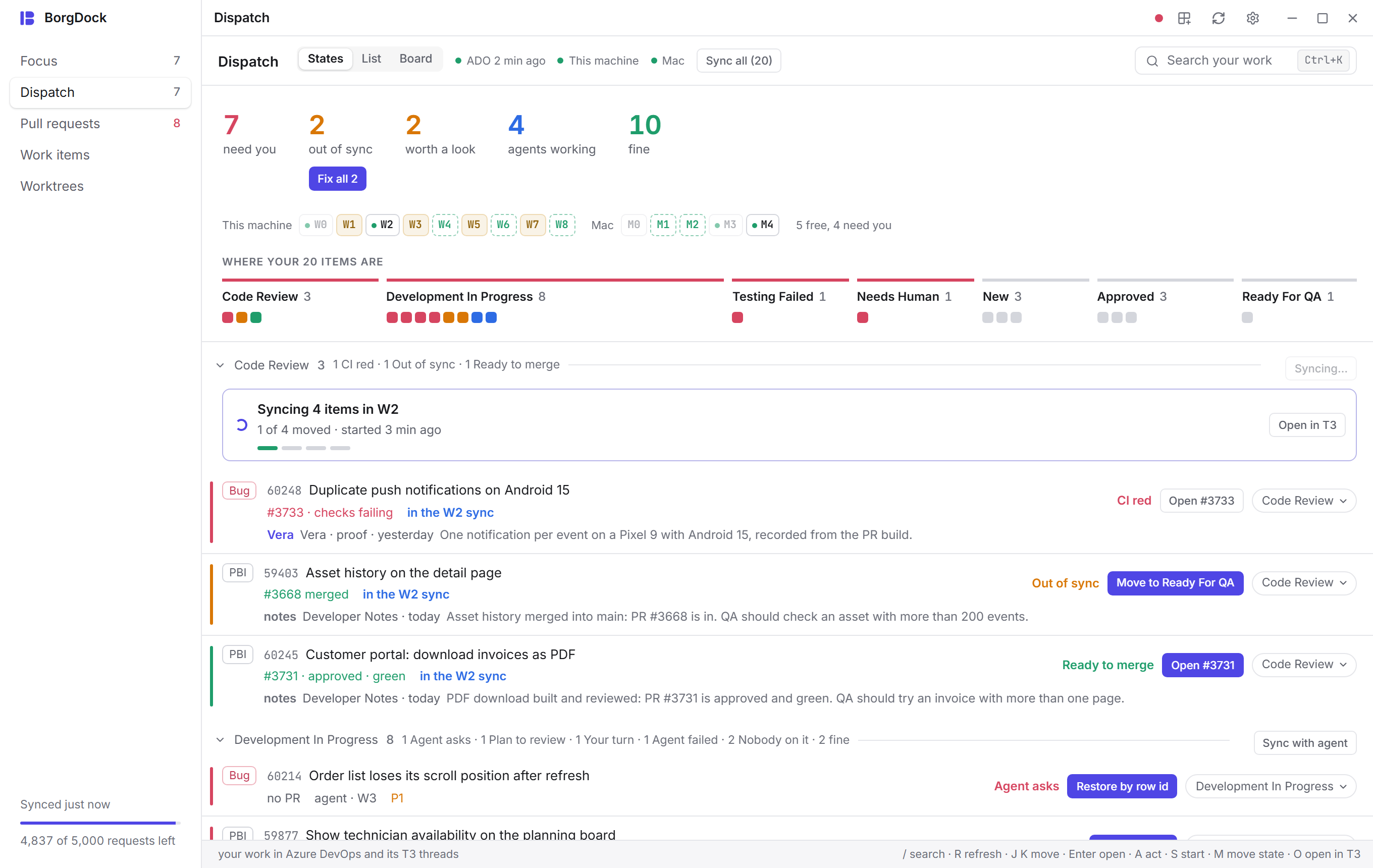 A sync at work in Code Review: the agent, how many items it has moved and a bar per item