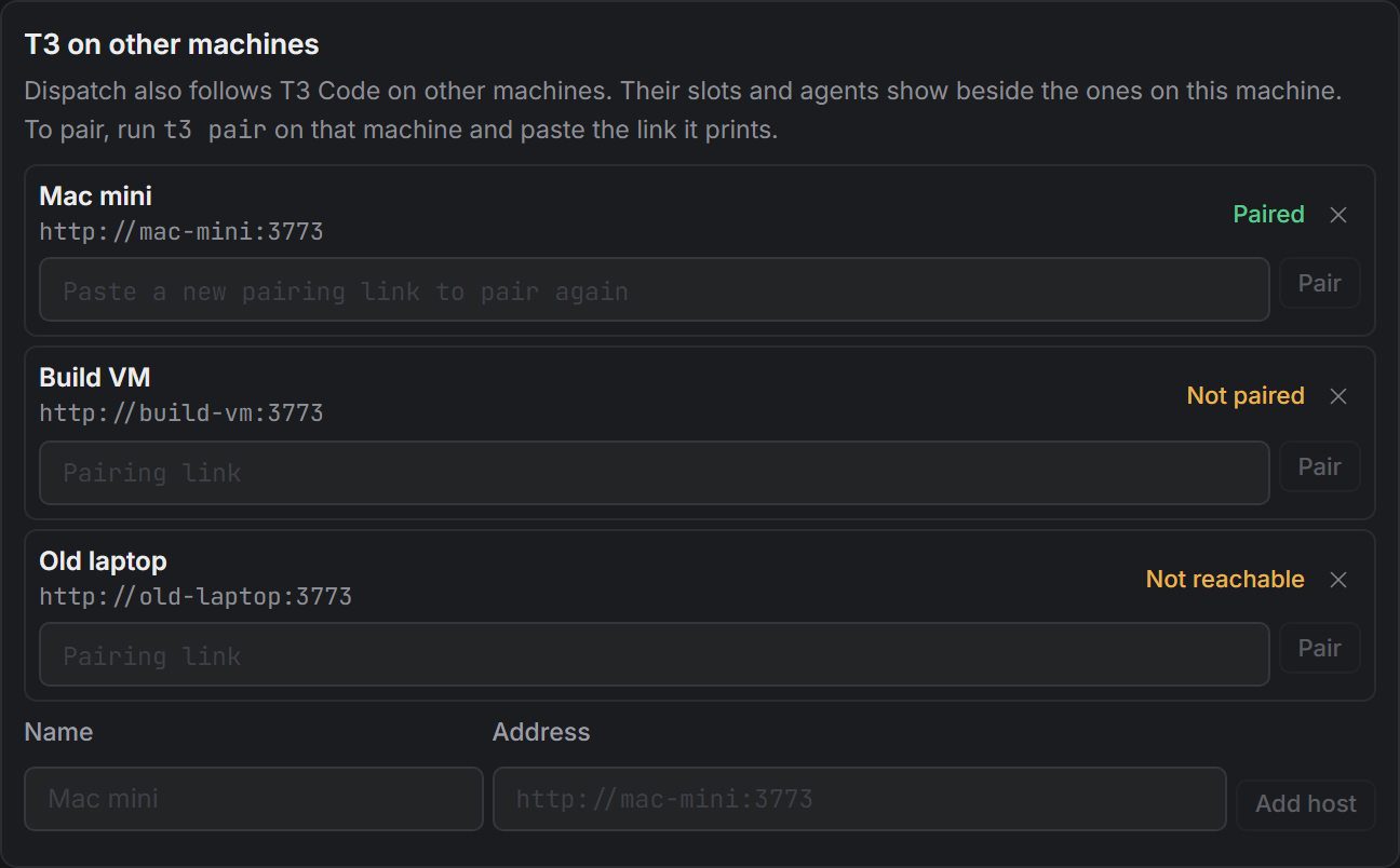 T3 Code on three machines in Settings → Agents: this machine, a Mac mini and a build machine