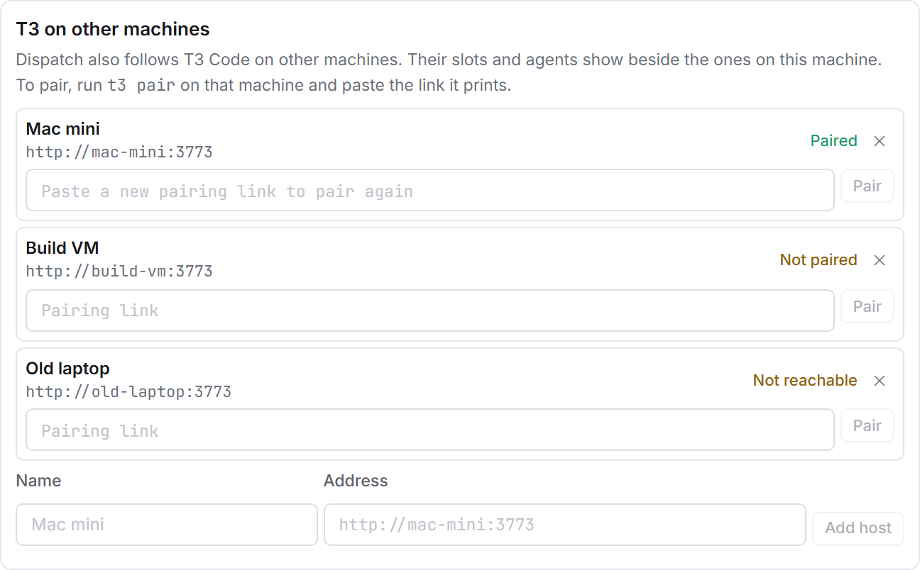 T3 Code on three machines in Settings → Agents: this machine, a Mac mini and a build machine