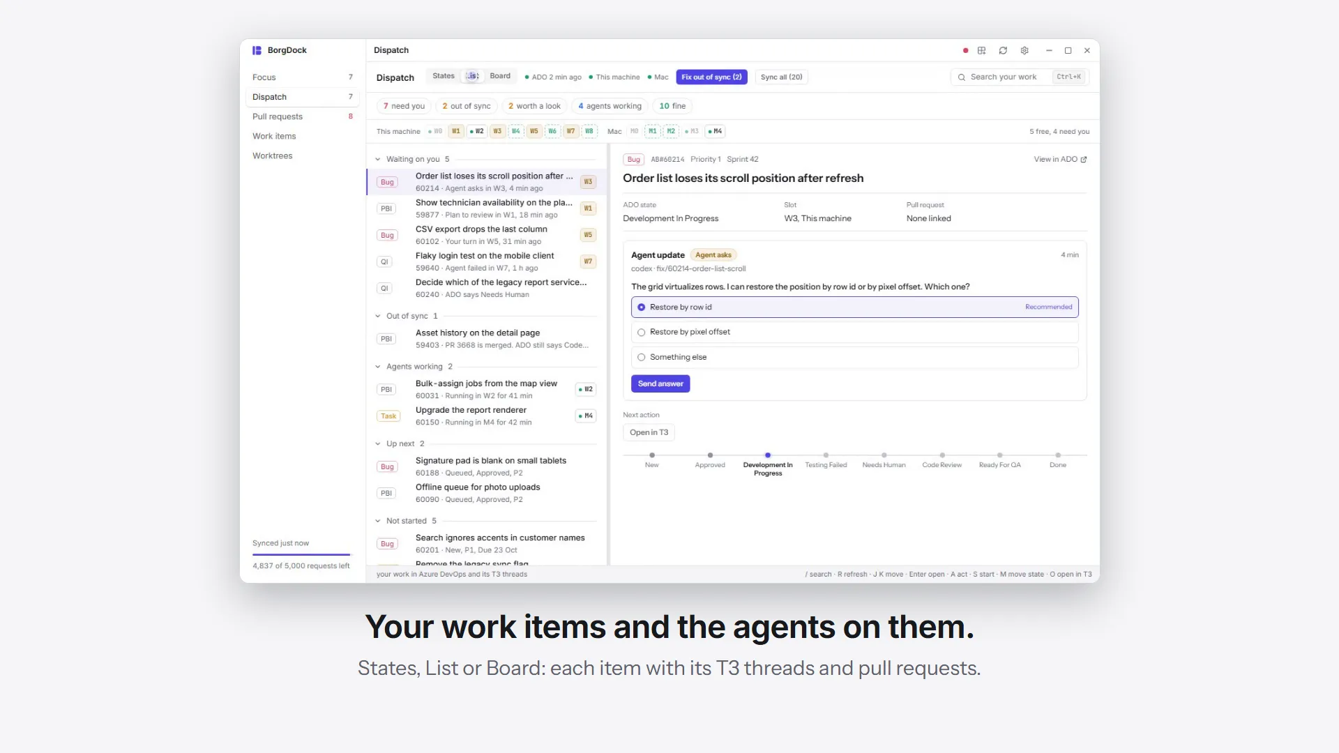 Dispatch in a minute: switch between States, List and Board, filter the briefing, move an item with an agent, fix everything out of sync at once, start an agent from a free slot and open a card