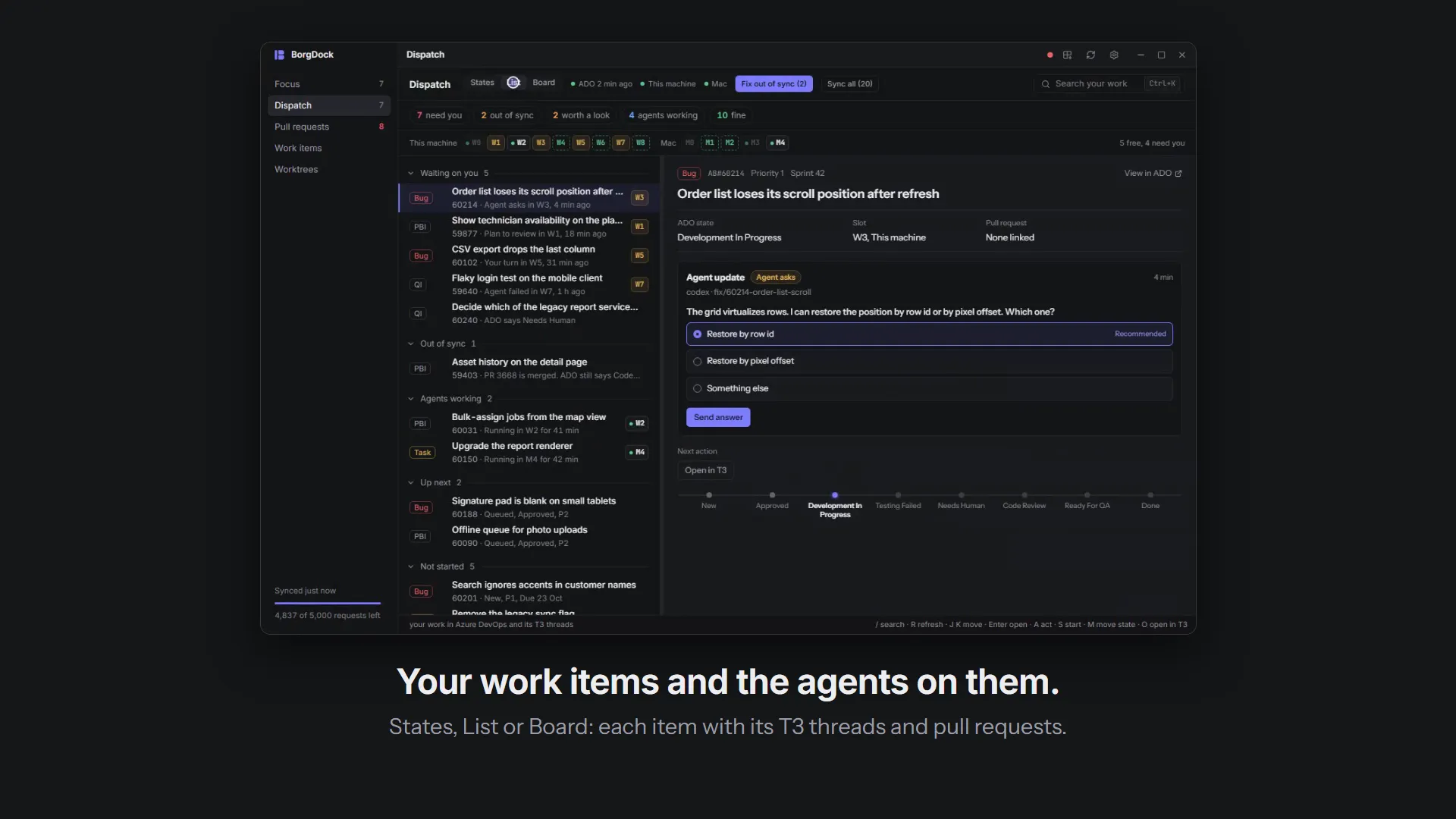 Dispatch in a minute: switch between States, List and Board, filter the briefing, move an item with an agent, fix everything out of sync at once, start an agent from a free slot and open a card