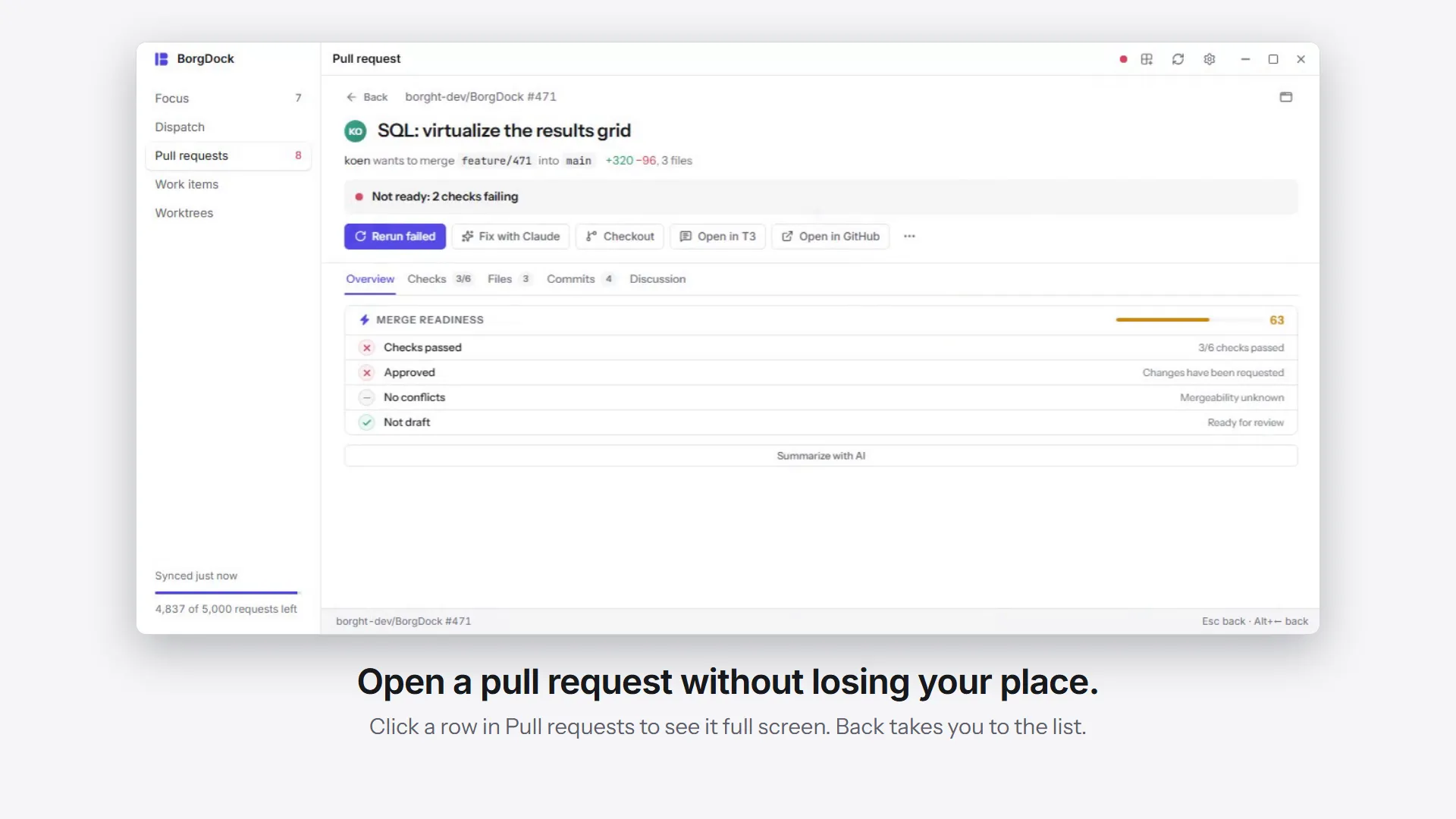 BorgDock in a minute: open a pull request full screen, filter to what needs you, review file by file, merge from Focus, then walk your work in Dispatch and start an agent