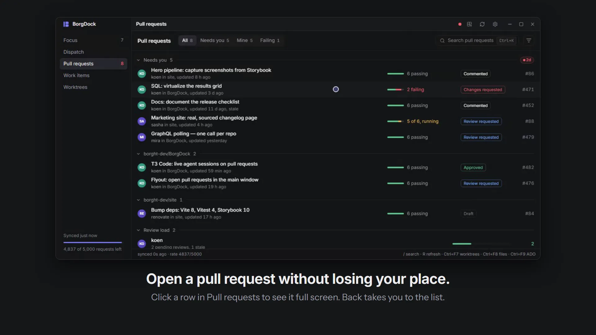 BorgDock in a minute: open a pull request full screen, filter to what needs you, review file by file, merge from Focus, then walk your work in Dispatch and start an agent