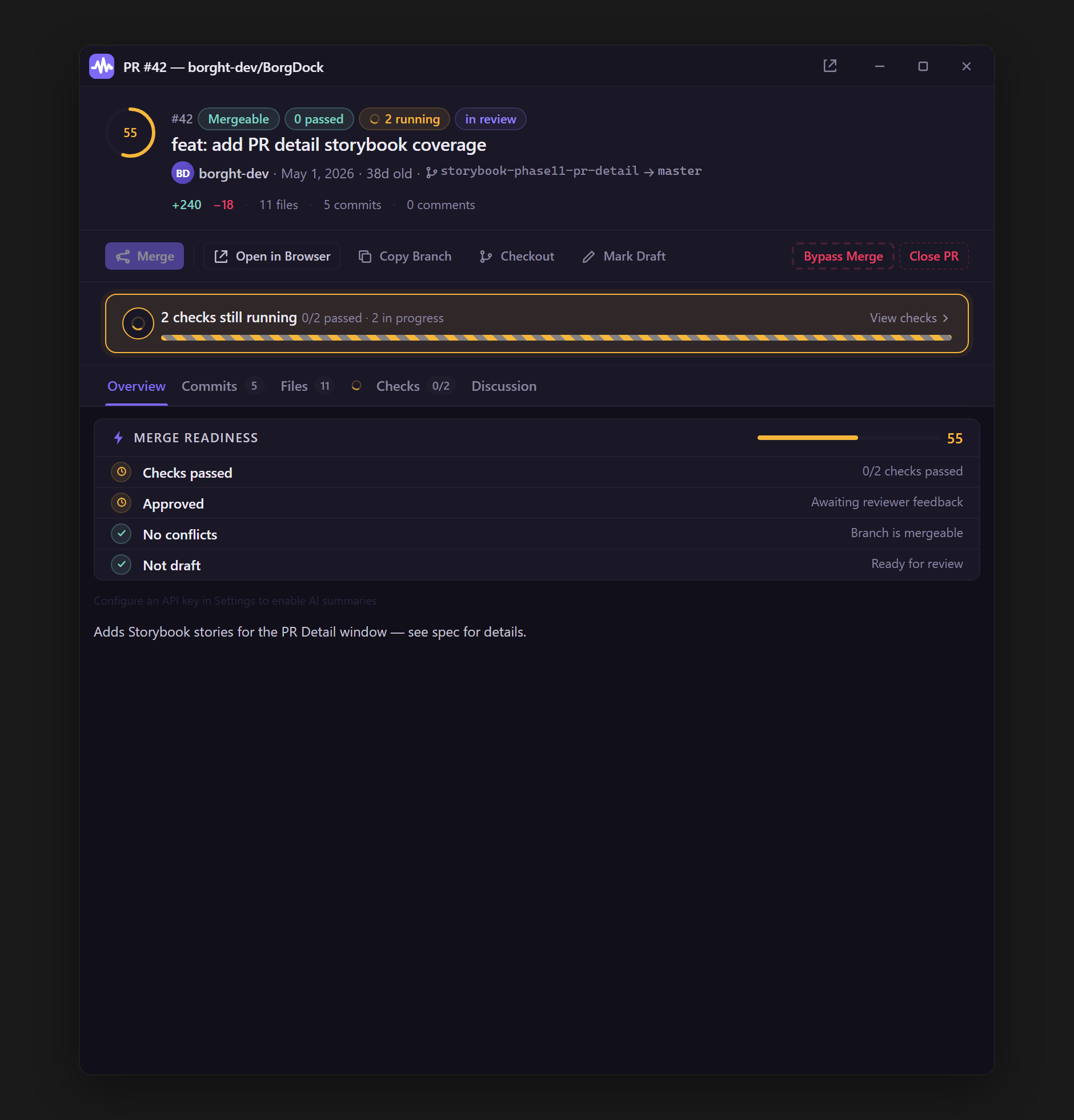 PR detail with the sticky action bar and checks strip