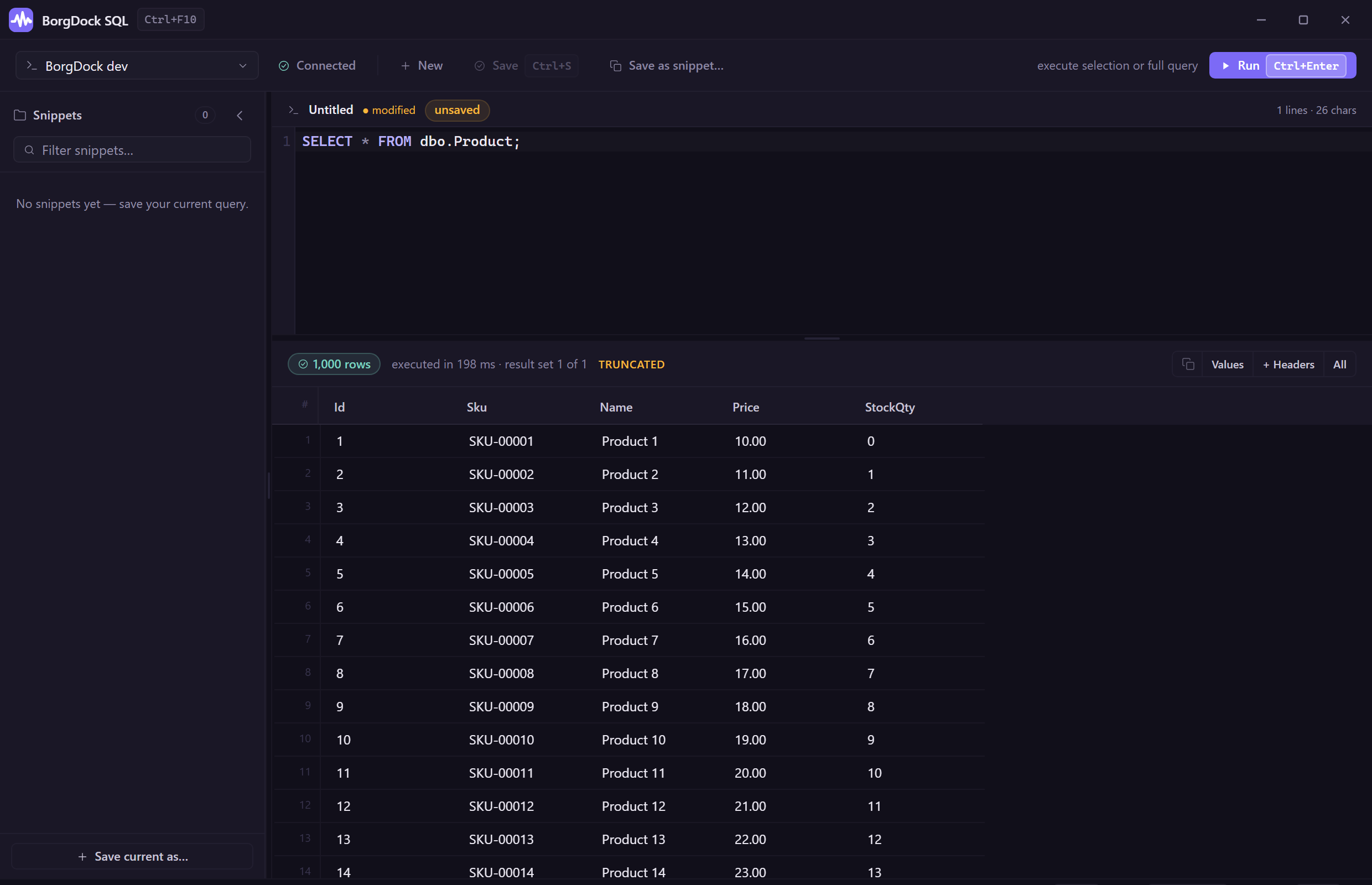 Virtualized SQL results grid